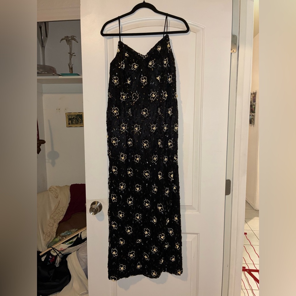 Floral Black and White beaded Maxi Dress
